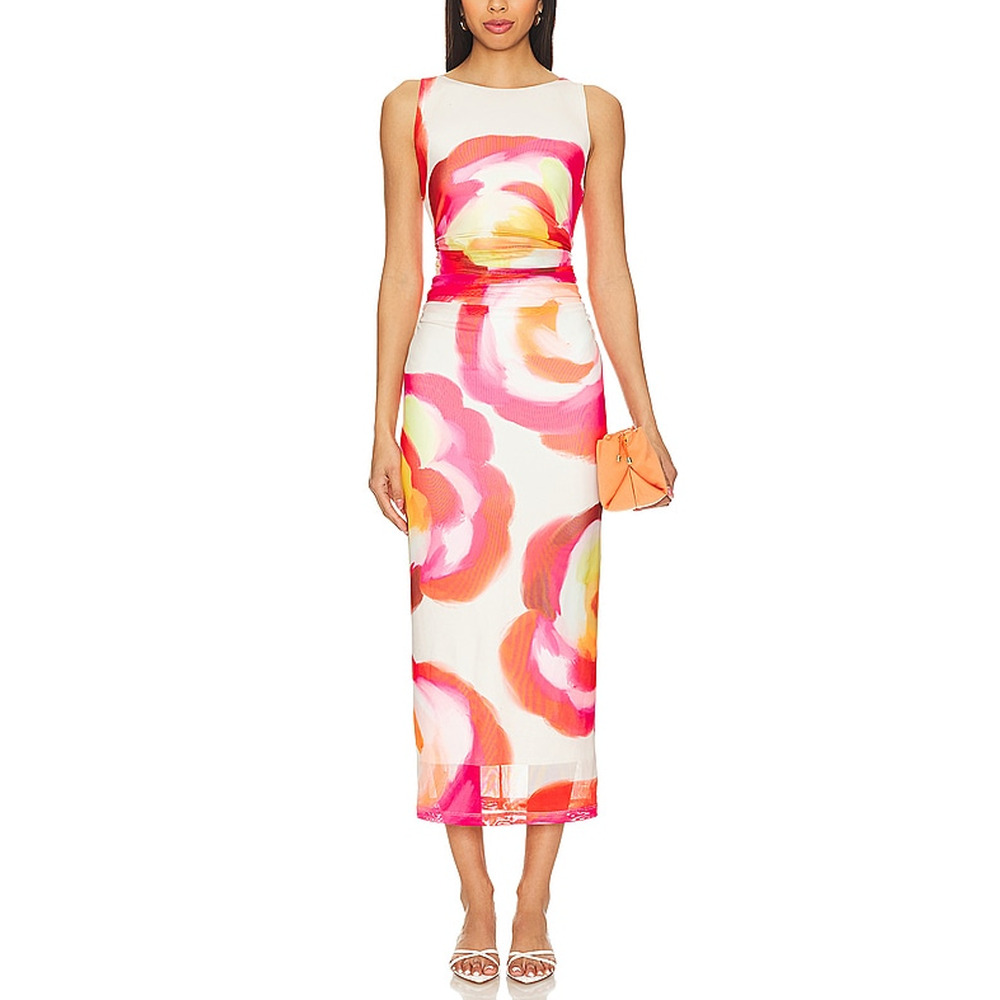 Amanda Uprichard White Floral Midi Dress with Pink, Orange & Yellow Swirls